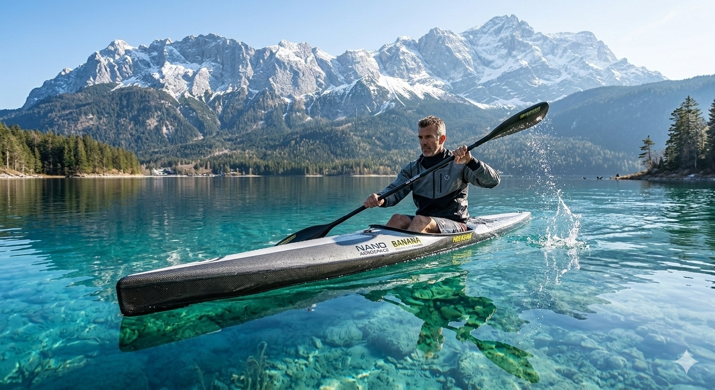 A sleek modern kayak navigating through crystal clear turquoise waters, scenic mountain background, cinematic lighting, Nano Banana2 - no woman